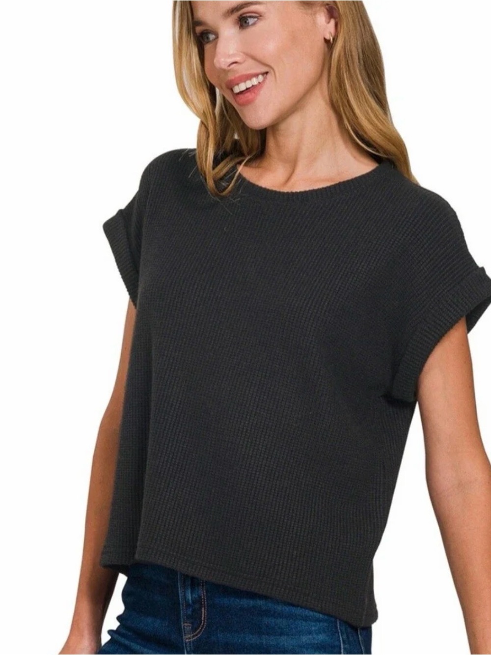 Zenana Outfitters Black Short Sleeve Waffle Knit Top